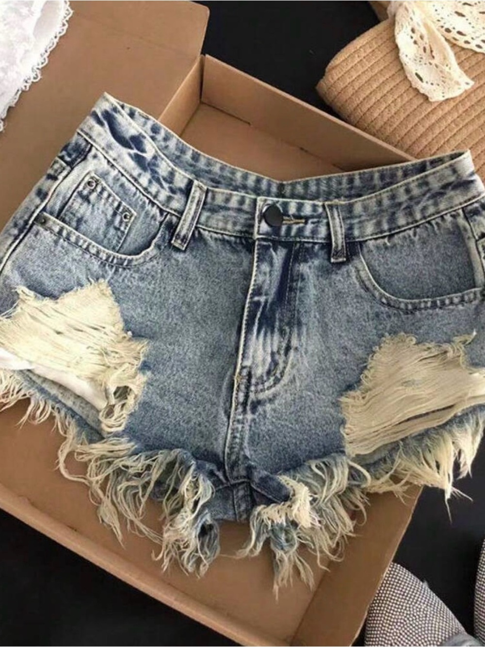 SHEIN Distressed Destroyed Raw Hem Cuffed Acid Wash Five Pocket Denim Shorts 30